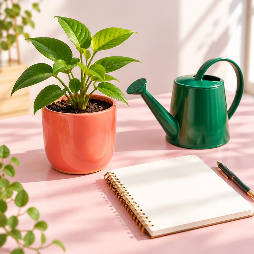 A plant being nurtured beside a journal