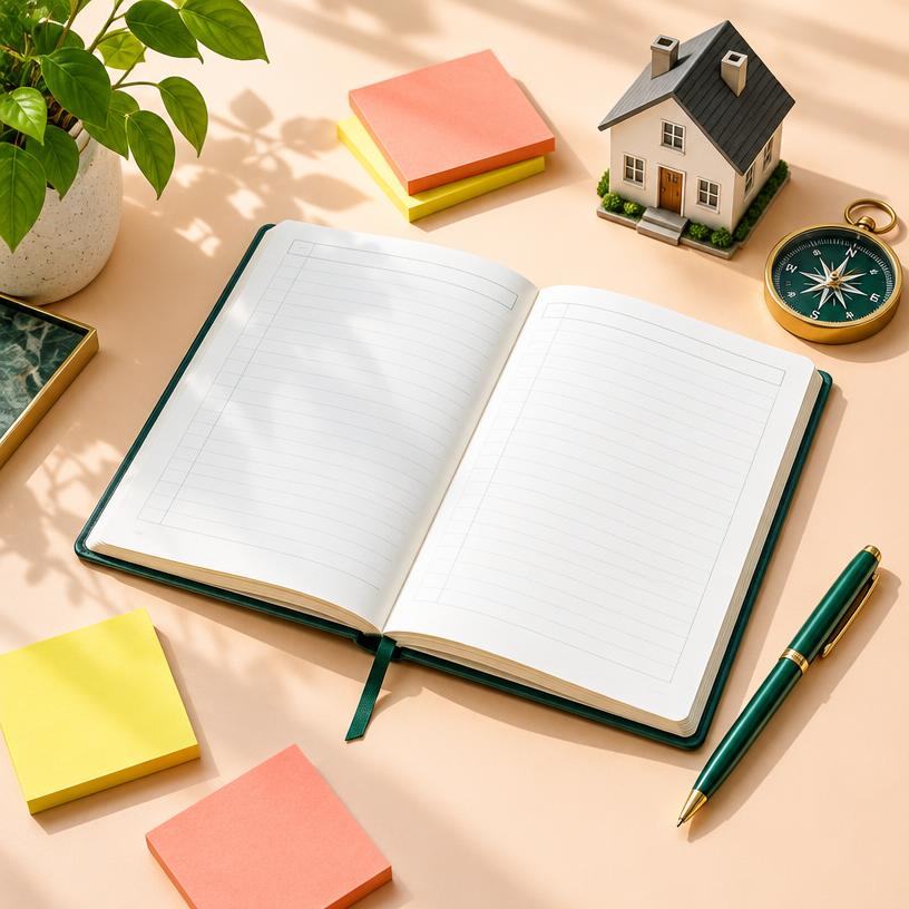 Planner, compass and a miniature home