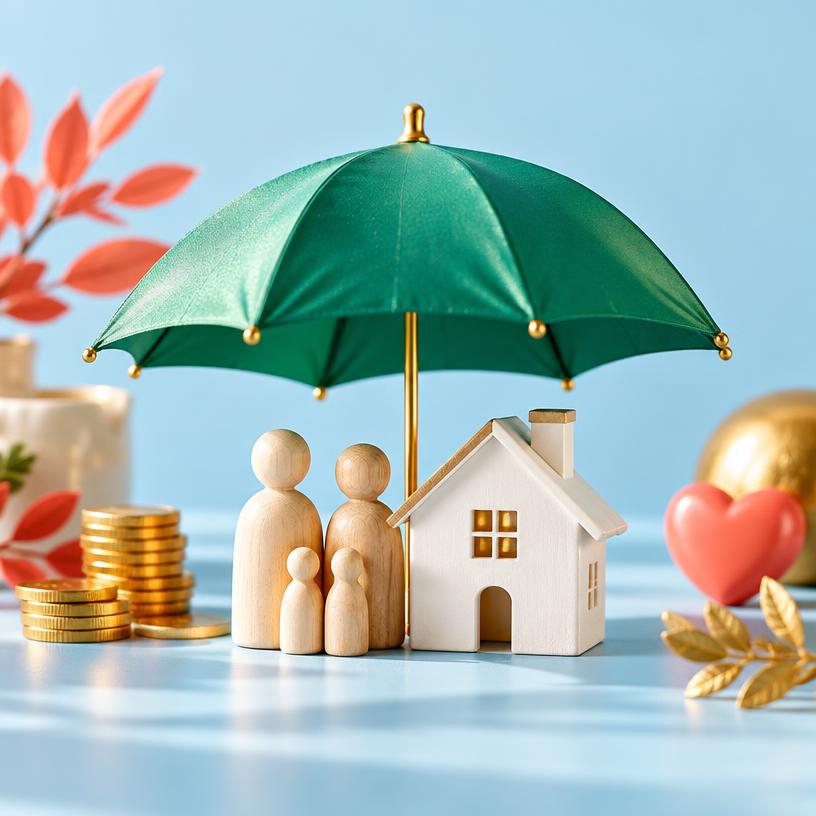 An umbrella sheltering a family and home