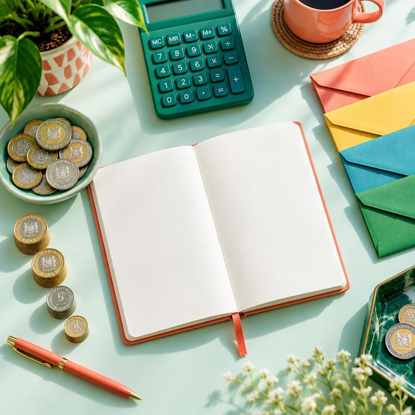 Notebook, calculator and expense envelopes